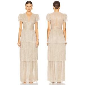 Sabina Musayev Sarah Maxi Dress Metallic Tiered Ruffle Formal Evening Gold Sz XS